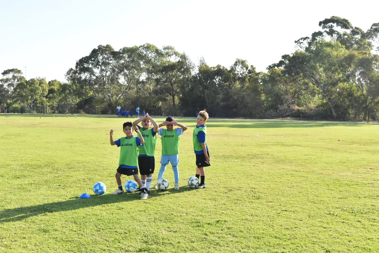 Children in training bibs beside footballs