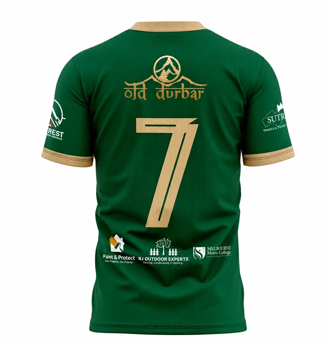 Green jersey back design with gold sponsor mark, large gold number seven and lower sponsor logos