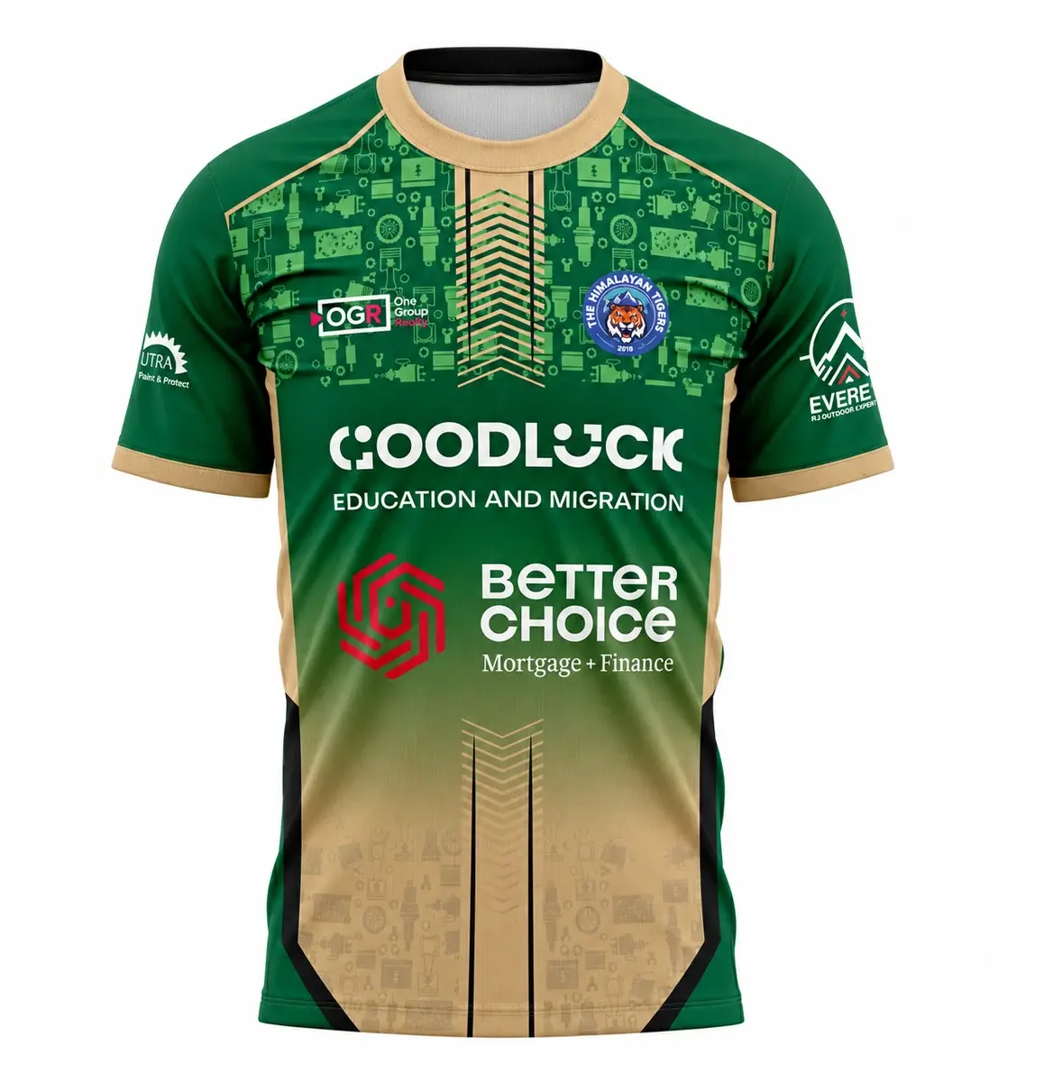 Green jersey front design with gold collar and cuffs, patterned chest, club crest and sponsor graphics