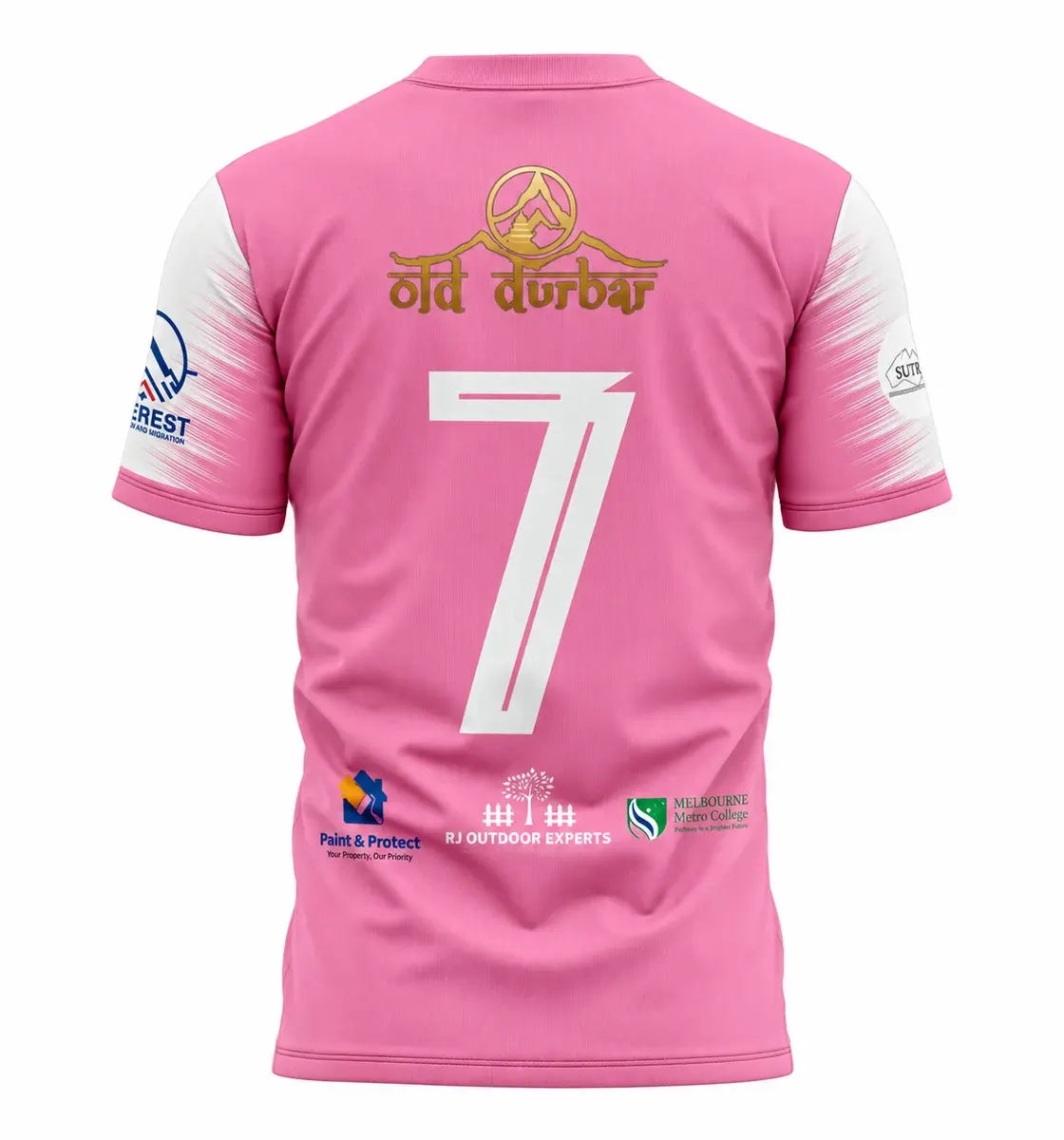 Pink jersey back design with gold Nav Durbar sponsor, large white number seven and lower sponsor logos