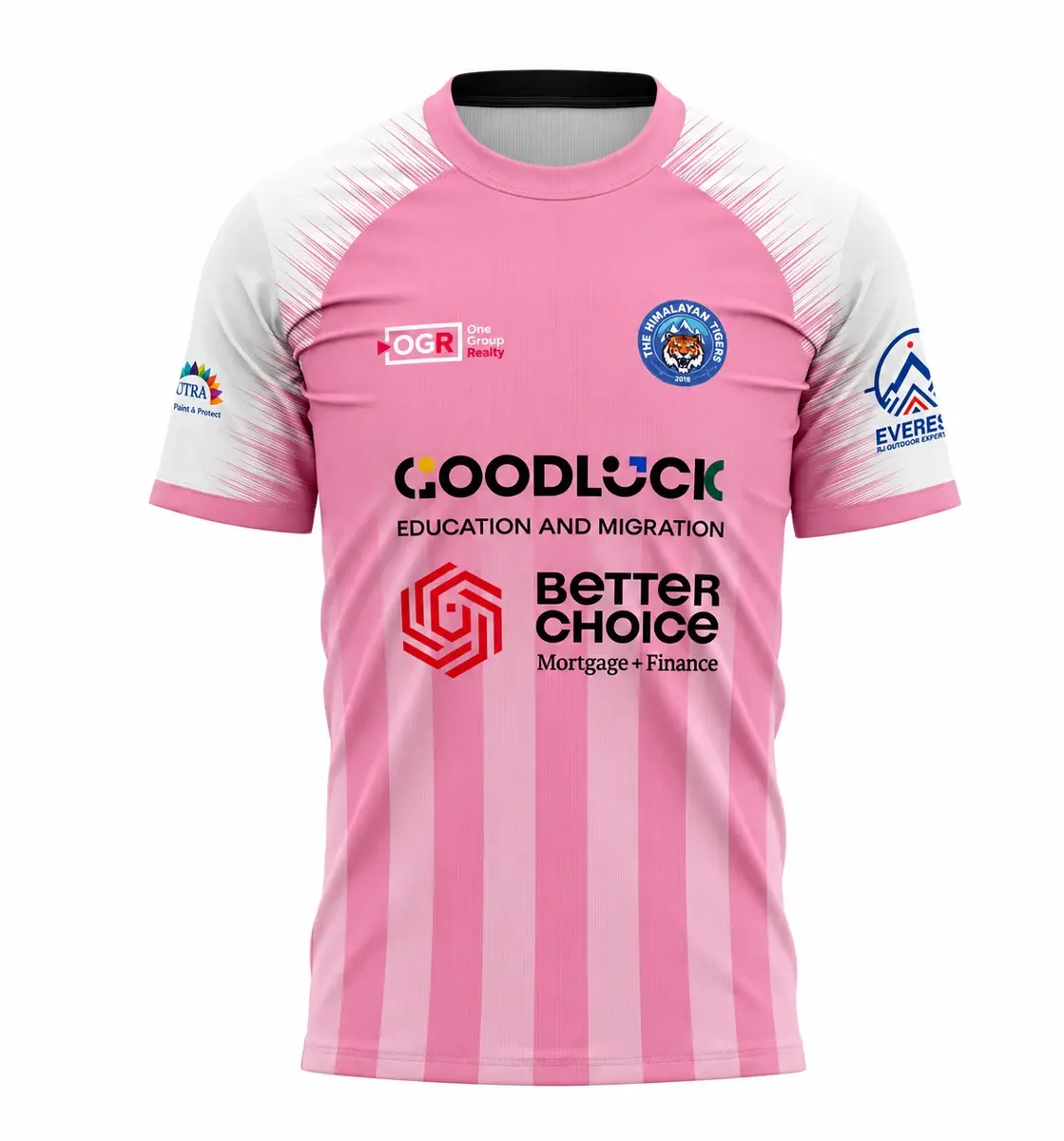 Pink Tigers jersey with white shoulder panels, pale stripes and the club crest